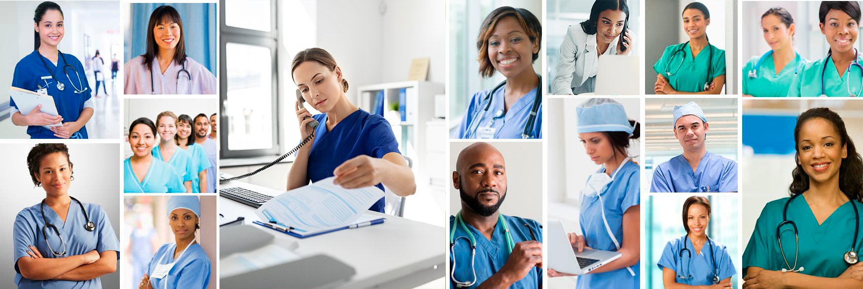 A collage of doctors and nurses answering the phone, talking to each other, looking straight forward | vcpstaff.com | Healthcare Staffing