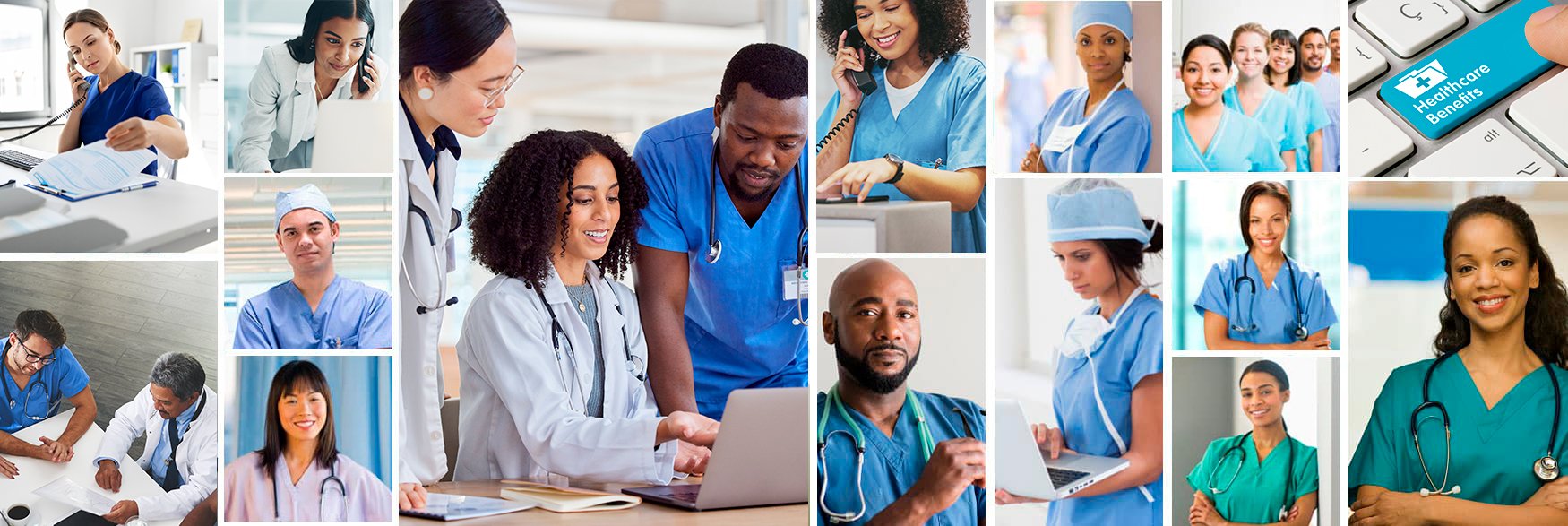 A collage of doctors and nurses answering the phone, talking to each other, looking straight forward, and a blue healthcare keyboard image. vcpstaff.com | Healthcare Staffing