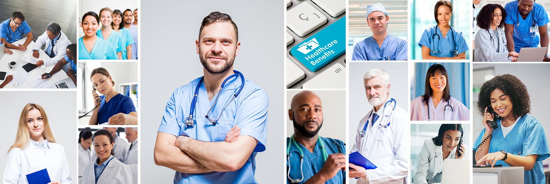 A collage of doctors and nurses answering the phone, talking to each other, looking straight forward, and a blue healthcare keyboard image. vcpstaff.com | Healthcare Staffing